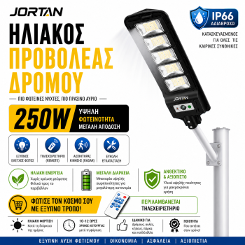 Ηλιακό Φωτιστικό Δρόμου 250W Ψυχρό Λευκό με Φωτοκύτταρο IP66
