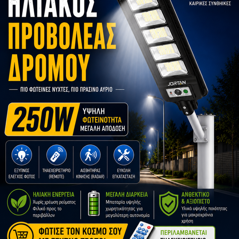 Ηλιακό Φωτιστικό Δρόμου 250W Ψυχρό Λευκό με Φωτοκύτταρο IP66